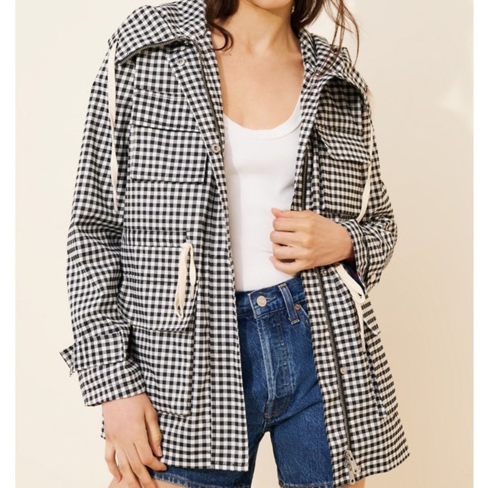 Avec Les Filles Hooded Gingham Rain Anorak Jacket Black White Check Large Preppy